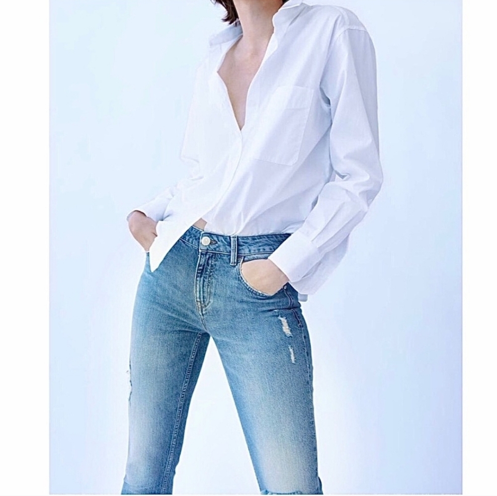 Zara Mid-Rise Ripped Raw Hem Skinny Cut Denim Jean Size 6,RN#77302
